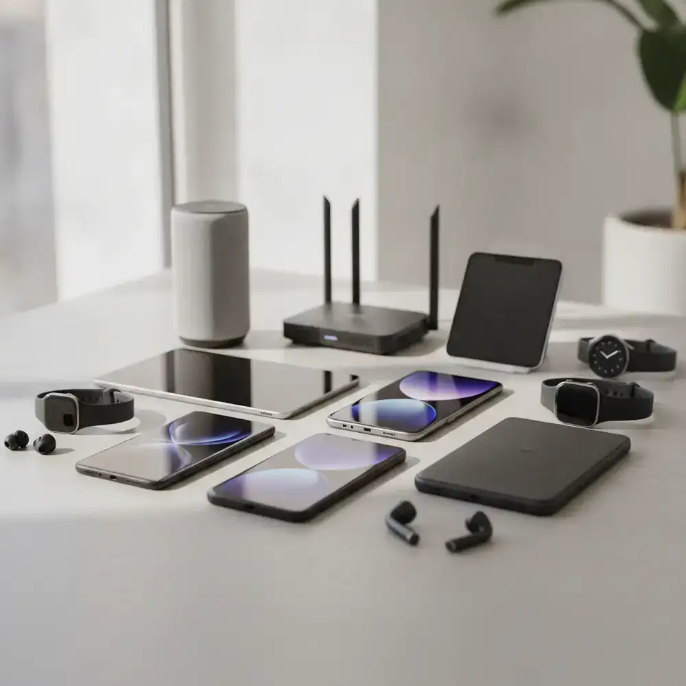 A collection of modern smartphones, smart home devices, and wearables arranged on a clean surface