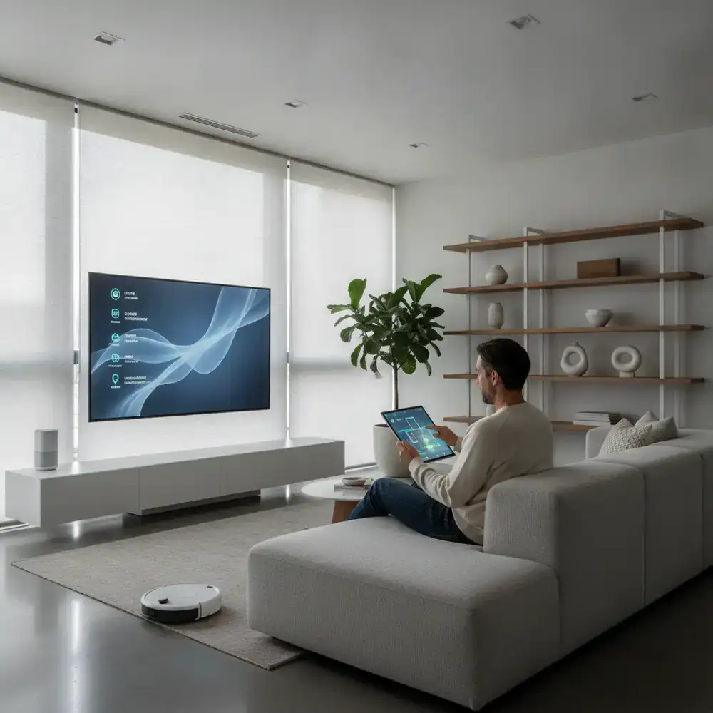 Person using a connected smart home ecosystem in a modern living room