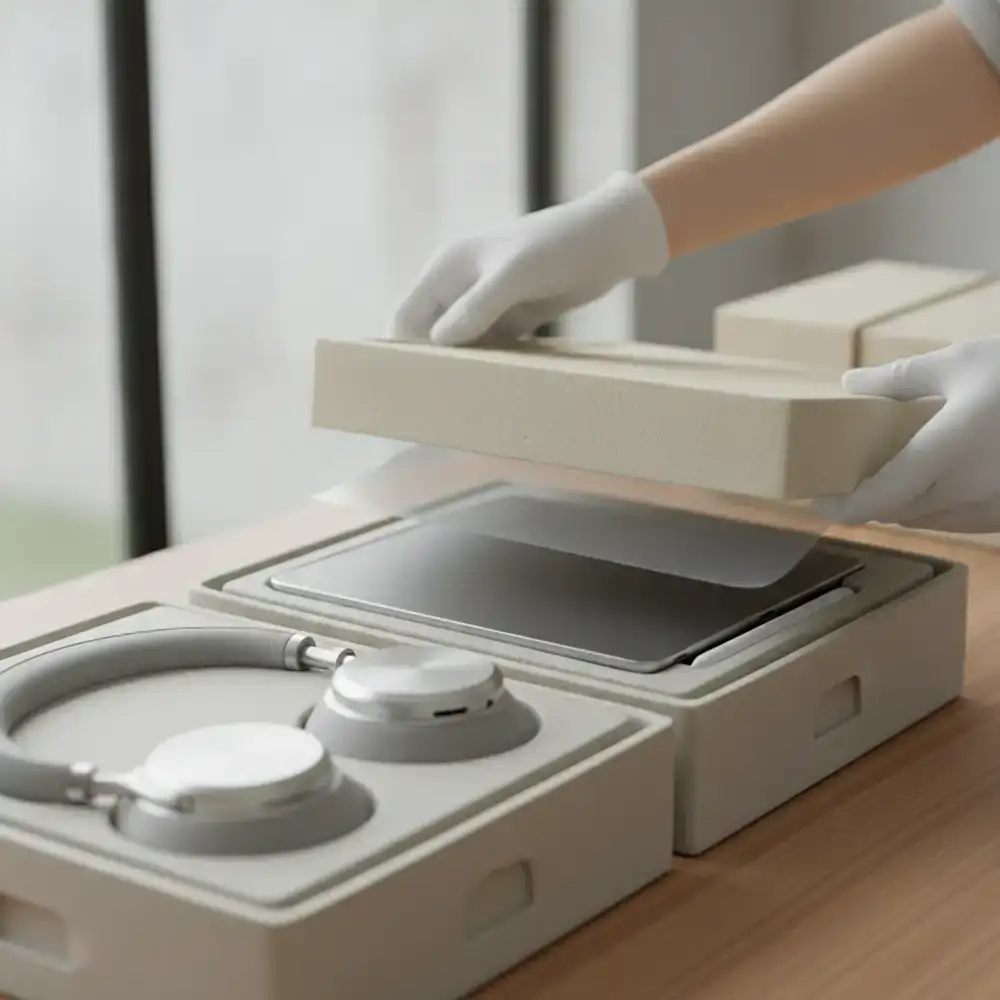 A close up of premium electronics being packaged for delivery